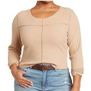 Abound - Boxy Ribbed Long Sleeve Top in Tan, 3X